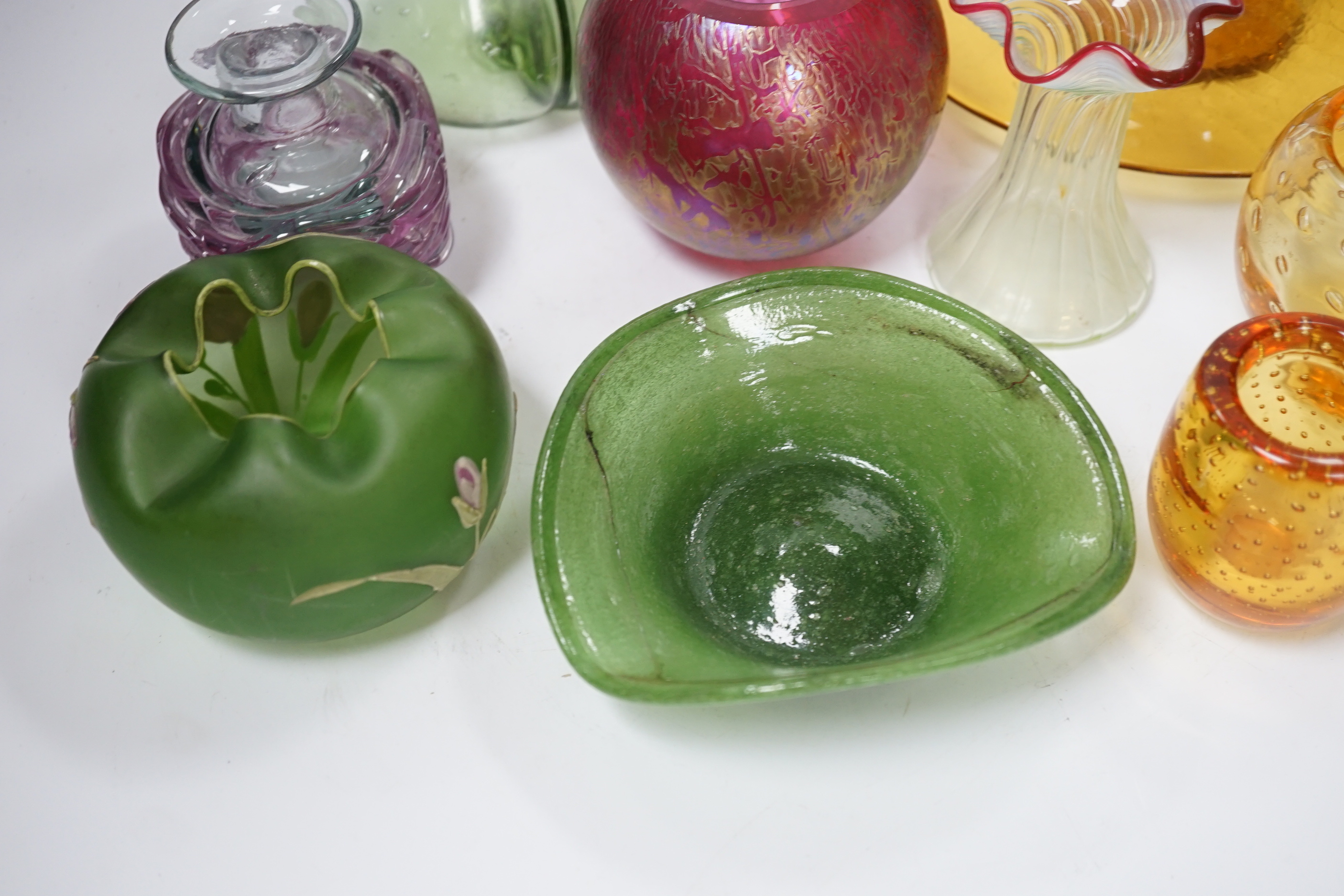 A group of art glass vases including Mdina, Brierley, etc., tallest 20cm high